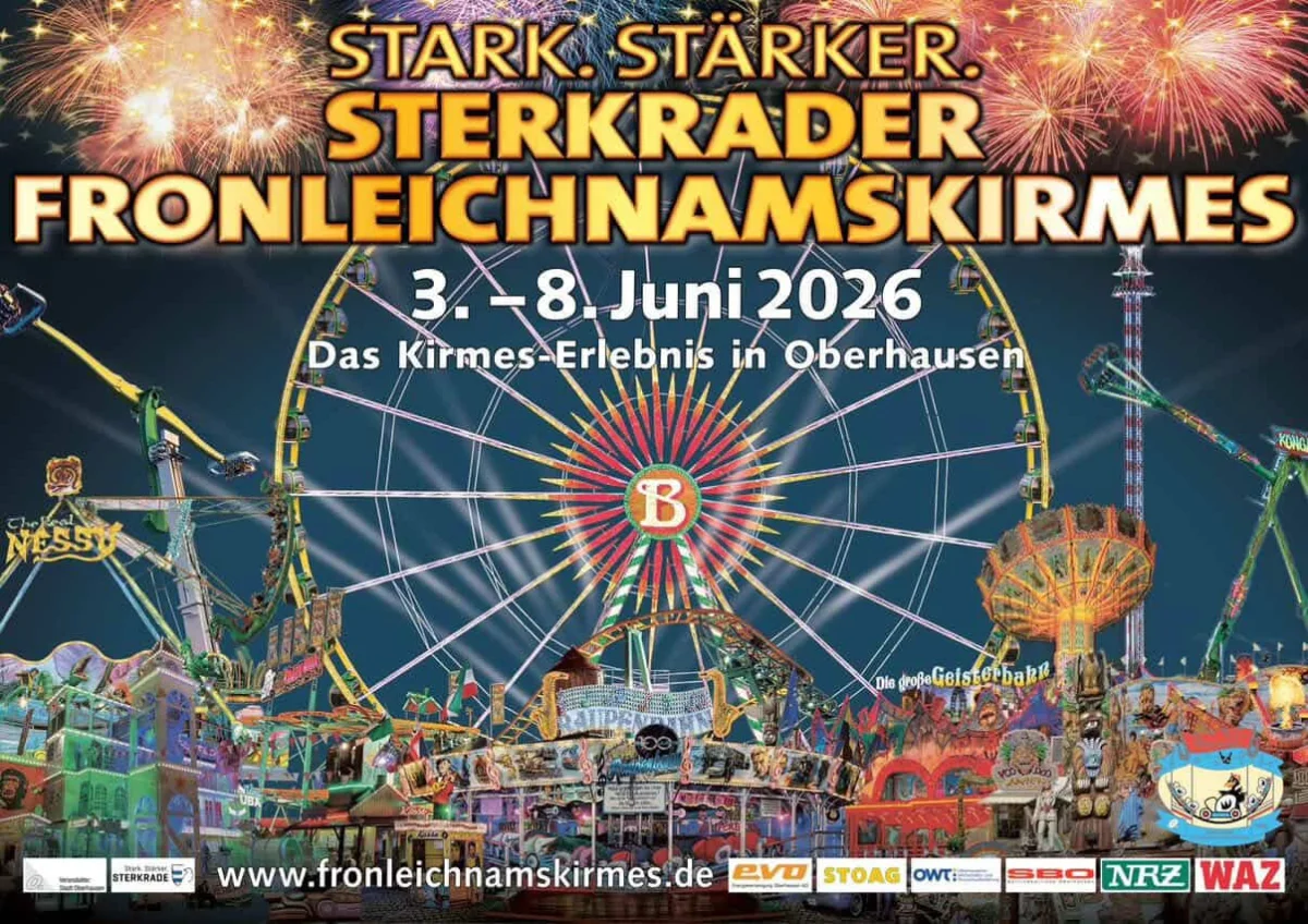 Plakat und Kirmesmotiv zur Sterkrader Fronleichnamskirmes 2026 mit Fahrgeschäften, Lichtern und Volksfest-Atmosphäre in Oberhausen-Sterkrade