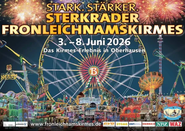 Plakat und Kirmesmotiv zur Sterkrader Fronleichnamskirmes 2026 mit Fahrgeschäften, Lichtern und Volksfest-Atmosphäre in Oberhausen-Sterkrade