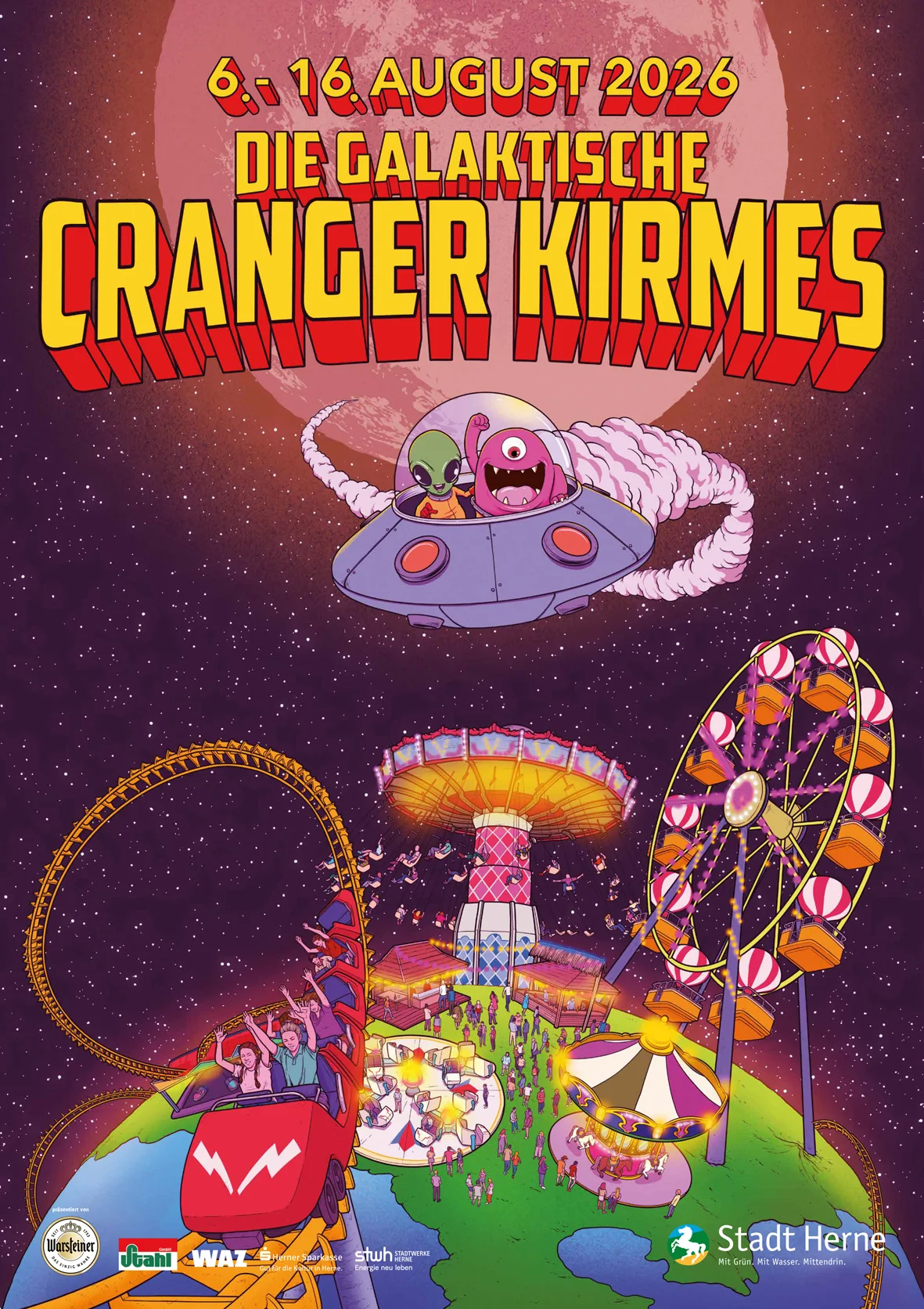 Cranger Kirmes 2026 in Herne mit galaktischem Motto, Fahrgeschäften, Lichtern und Volksfest-Atmosphäre
