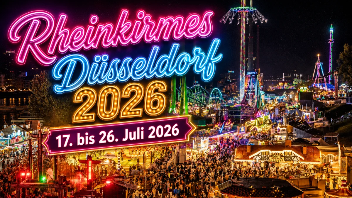 Rheinkirmes Düsseldorf 2026 auf den Oberkasseler Rheinwiesen mit Fahrgeschäften, Lichtern und Rheinblick