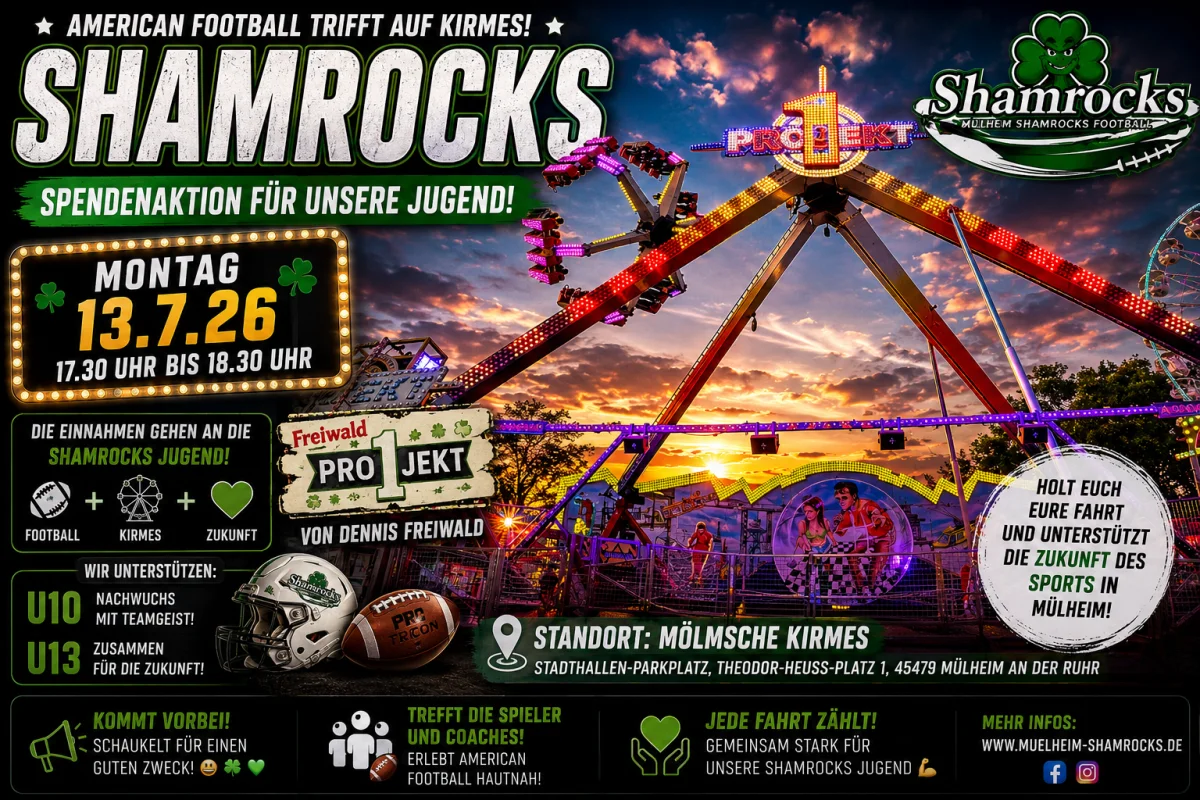 Projekt 1 unterstützt die Mülheim Shamrocks: Spendenaktion auf der Mölmschen Kirmes 2026 – FunFair Entertainment