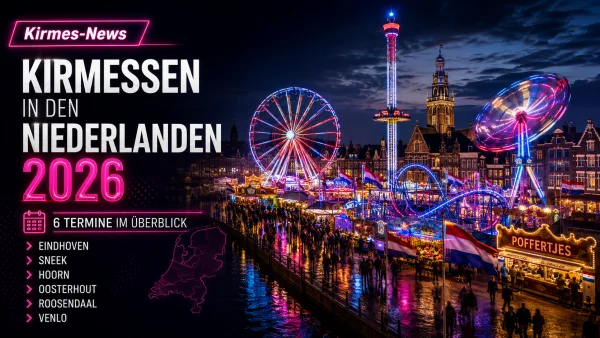 Beleuchtete Fahrgeschäfte auf einer niederländischen Sommerkirmes am Abend