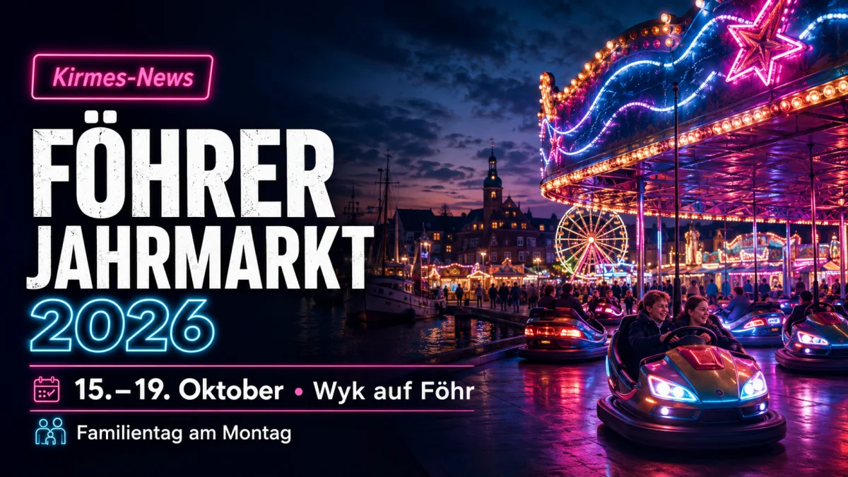 Beleuchteter Jahrmarkt auf dem Heymanns-Parkplatz in Wyk auf Föhr am Abend