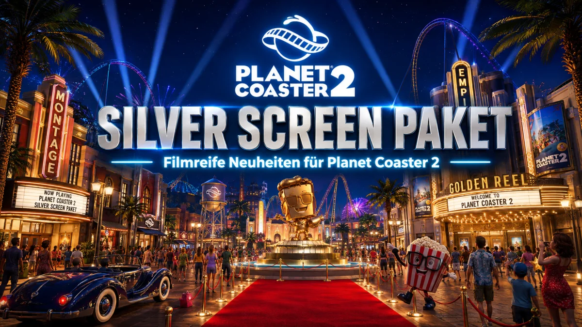 Planet Coaster 2 Silver Screen Bereich mit beleuchteten Kinofassaden und rotem Teppich