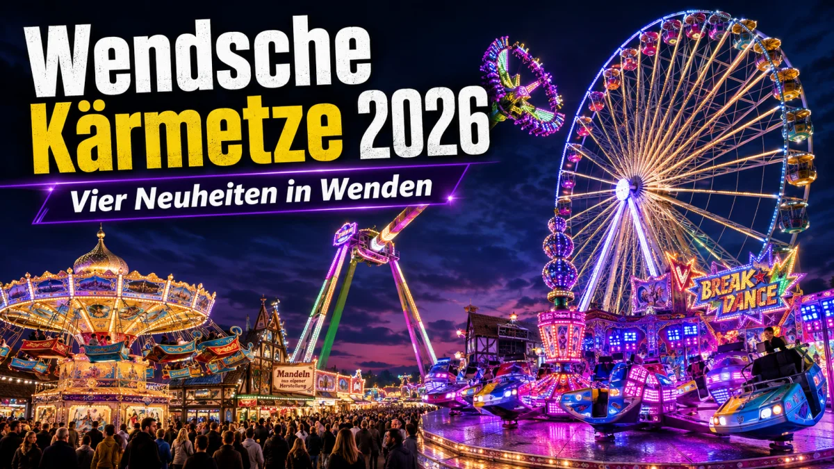 Beleuchtete Fahrgeschäfte und Riesenrad auf der Wendschen Kärmetze in Wenden
