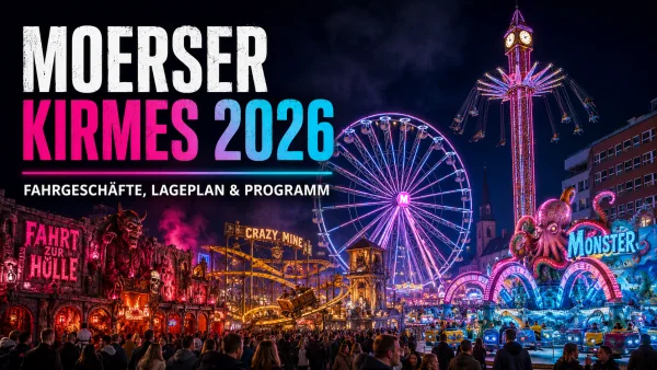 Beleuchtete Fahrgeschäfte auf der Moerser Kirmes in der Innenstadt