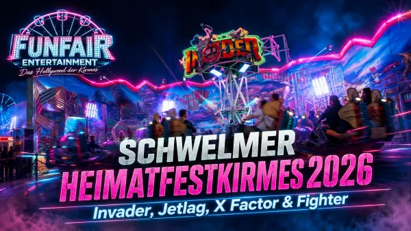 Beleuchtete Fahrgeschäfte auf der Schwelmer Heimatfestkirmes in der Innenstadt