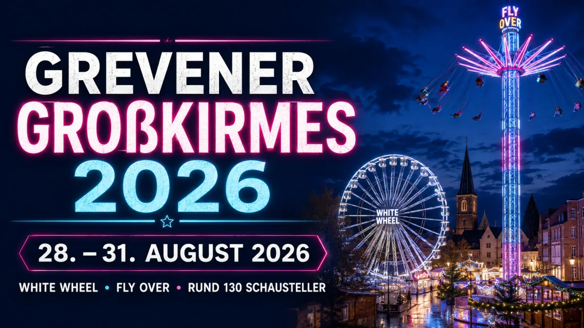 Abendliche Grevener Großkirmes mit Riesenrad White Wheel und beleuchteten Fahrgeschäften