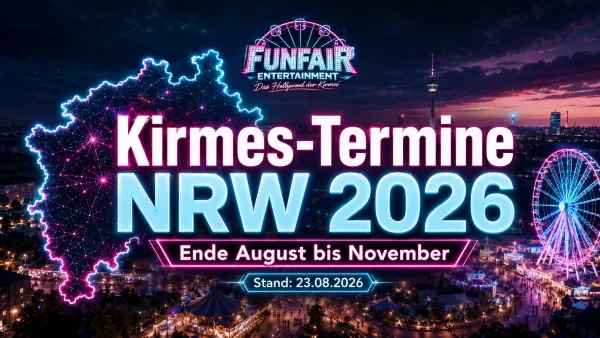 Beleuchtete Kirmes in Nordrhein-Westfalen mit Riesenrad und Besuchern am Abend