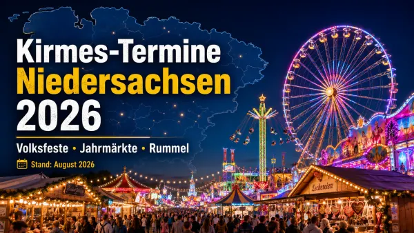 Beleuchteter Jahrmarkt in Niedersachsen mit Riesenrad und Kirmesbesuchern am Abend