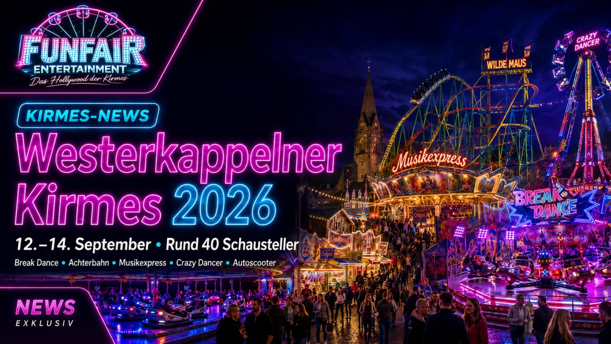 Fahrgeschäfte und Kirmesstände im Ortskern bei der Westerkappelner Kirmes rund um den Kirchplatz