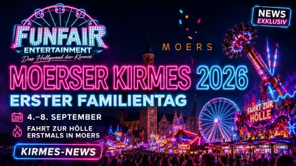 Beleuchtete Fahrgeschäfte der Moerser Kirmes in der Innenstadt mit Riesenrad und Kirmeslichtern am Abend