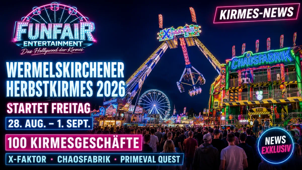 Beleuchtete Fahrgeschäfte auf der Wermelskirchener Herbstkirmes in der Innenstadt am Abend