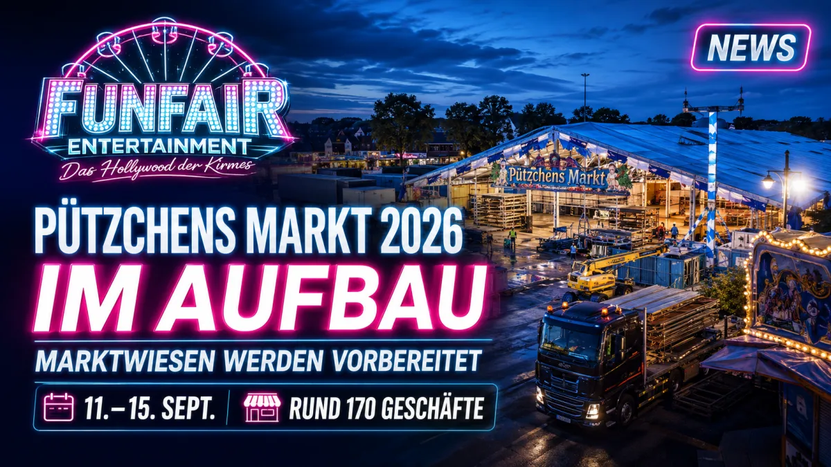 Vorbereitete Marktwiesen für Pützchens Markt in Bonn-Beuel mit ersten Kirmesaufbauten