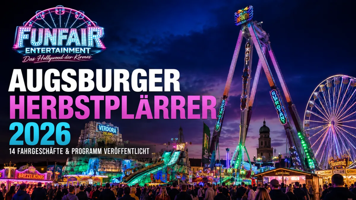 Neon-News-Motiv zum Augsburger Herbstplärrer 2026 mit Fahrgeschäfts- und Volksfestatmosphäre