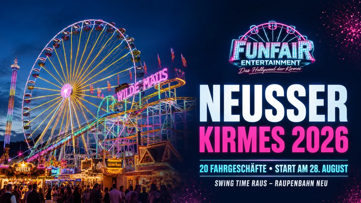 News-Motiv zur Neusser Kirmes 2026 mit Kirmesplatz, Fahrgeschäften und Aufbauatmosphäre