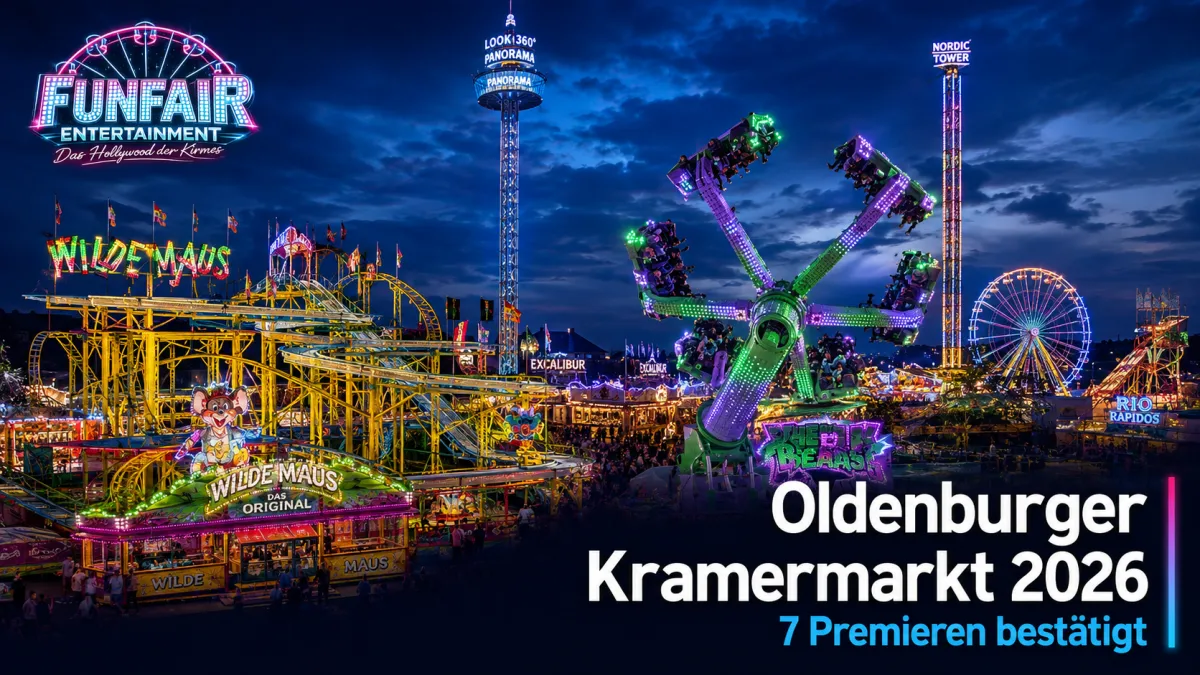 News-Motiv zum Oldenburger Kramermarkt 2026 mit Kirmesbeleuchtung und mehreren Fahrgeschäften