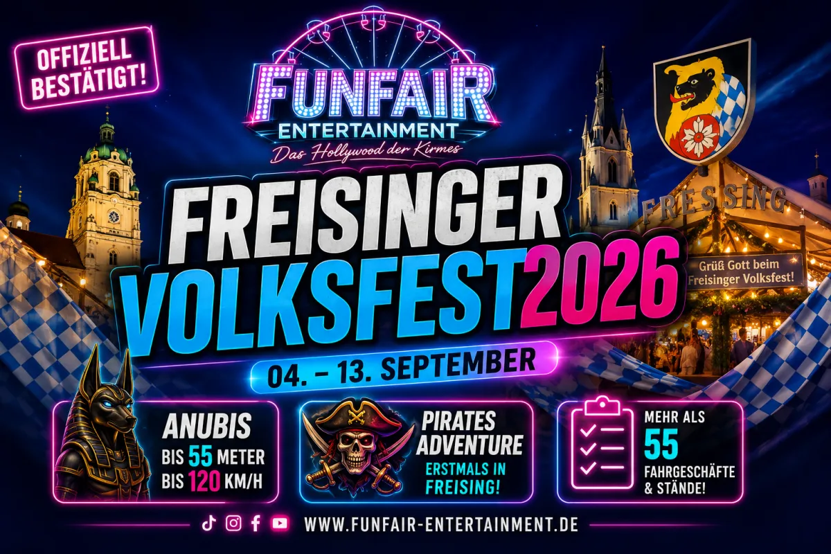 News-Motiv zum Freisinger Volksfest 2026 mit Fahrgeschäften und Volksfeststimmung auf der Luitpoldanlage
