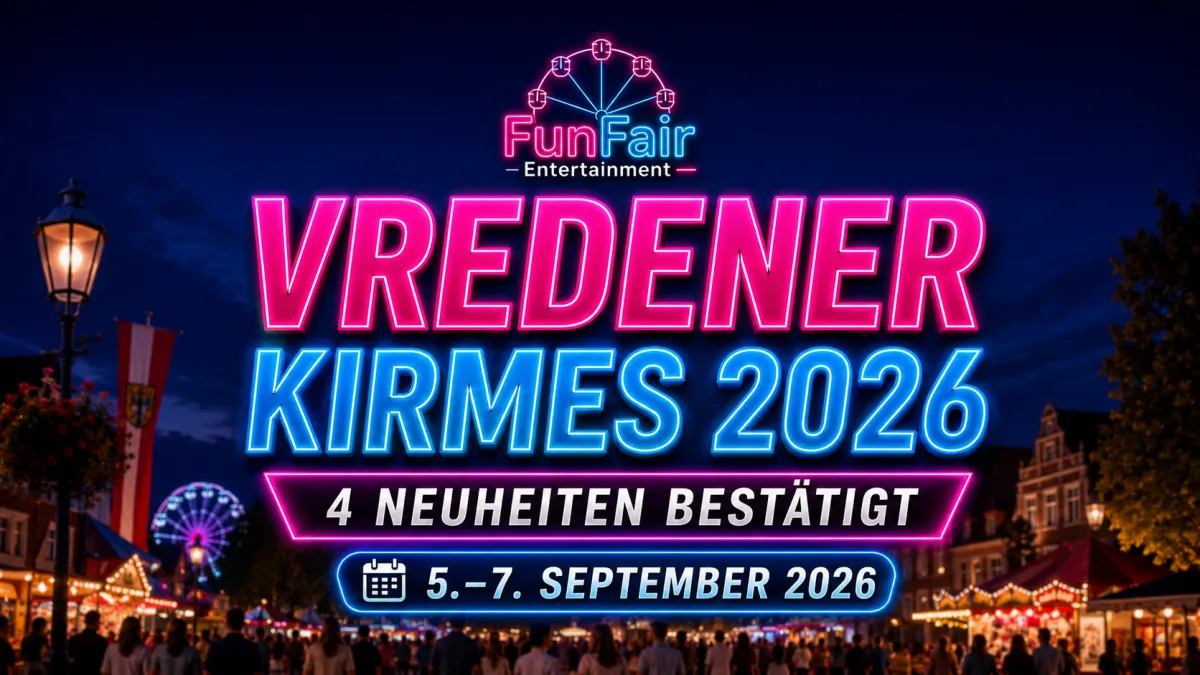 News-Motiv zur Vredener Kirmes 2026 mit beleuchteten Fahrgeschäften, Riesenrad und Kirmesatmosphäre in der Innenstadt