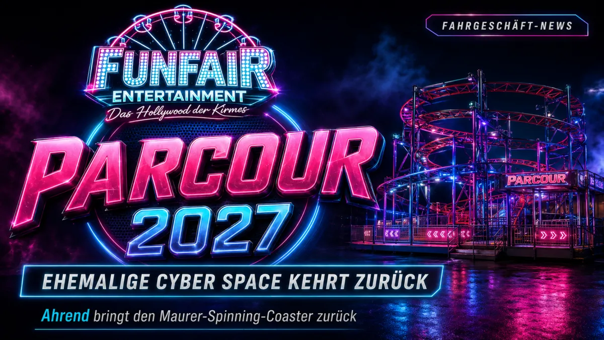 News-Motiv zur Rückkehr der Achterbahn Parcour von Ahrend mit der ehemaligen Cyber Space- und Sky Spin-Anlage im Fokus
