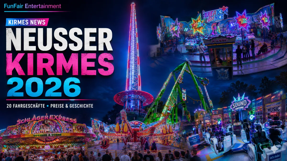 News-Motiv zur Neusser Kirmes 2026 mit beleuchteter Kirmesmeile, Fahrgeschäften und Bezug zur langen Schützenfesttradition in Neuss