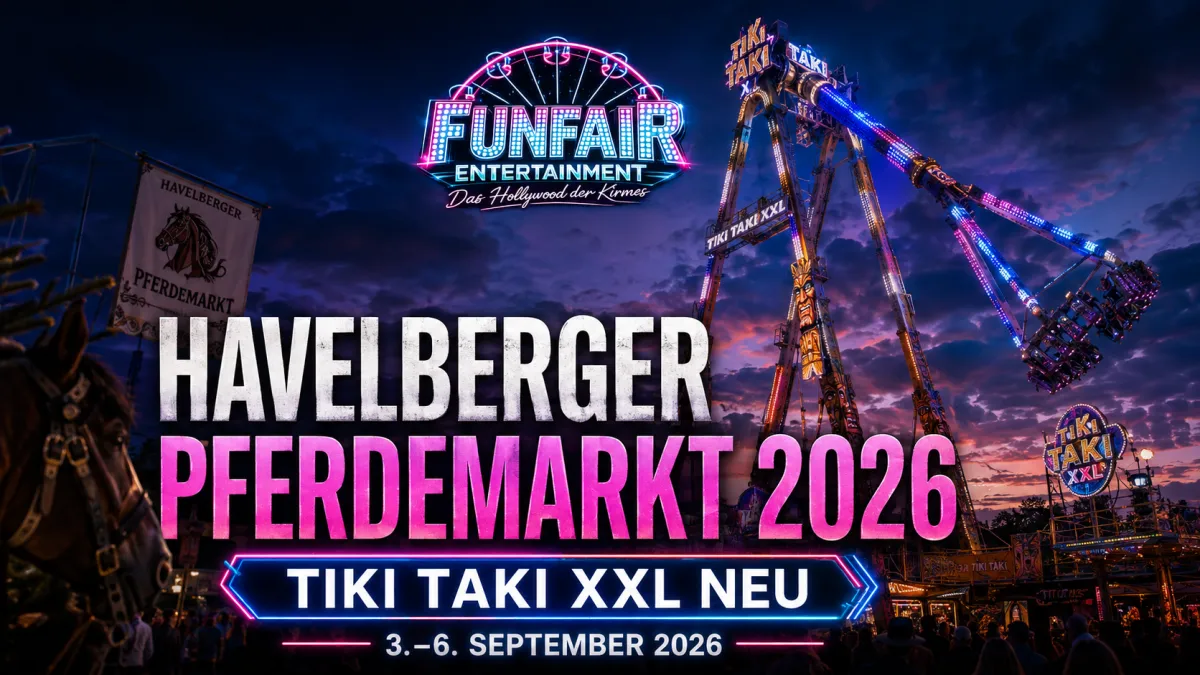 News-Motiv zum Havelberger Pferdemarkt 2026 mit Pferdemarkt, beleuchtetem Schaustellerplatz und Tiki Taki XXL als neuer Kirmesattraktion