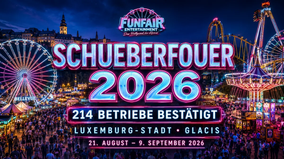 News-Motiv zur Schueberfouer 2026 auf dem Glacis in Luxemburg mit internationalen Fahrgeschäften, Riesenrad und dichtem Jahrmarktbetrieb