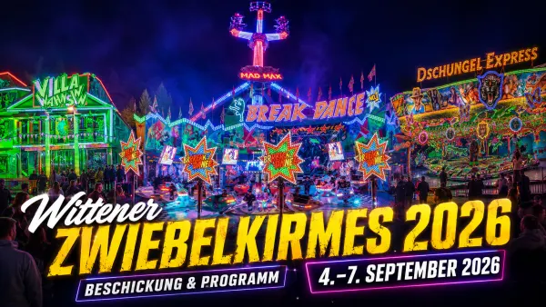 Beleuchtete Fahrgeschäfte auf der Wittener Zwiebelkirmes 2026 in der Innenstadt von Witten