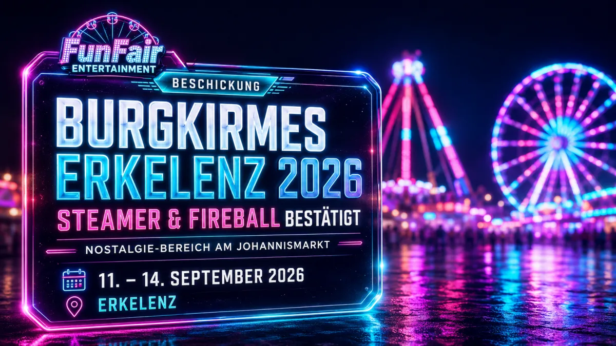 Beleuchtete Fahrgeschäfte auf der Burgkirmes Erkelenz 2026 mit Besuchern in der Innenstadt