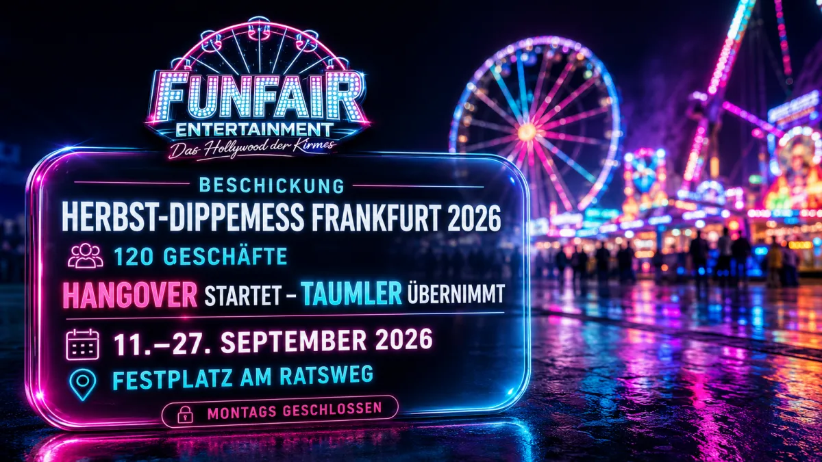 Beleuchtete Fahrgeschäfte auf der Herbst-Dippemess Frankfurt 2026 am Festplatz Ratsweg bei Nacht