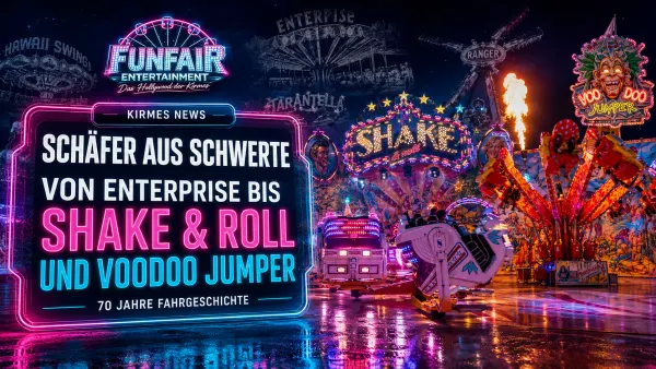 Shake & Roll und Voodoo Jumper der Schaustellerfamilie Schäfer auf einem beleuchteten Kirmesplatz als Motive einer historischen Schäfer-Chronik