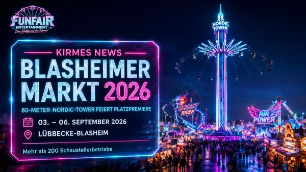 Nordic Tower und weitere beleuchtete Fahrgeschäfte auf dem Blasheimer Markt 2026 in Lübbecke-Blasheim bei Nacht