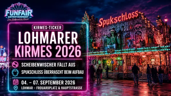 Historisches Spukschloss von Aiko und Stefan Bartsch beim Aufbau auf einer Kirmes als Motiv zur Lohmarer Kirmes 2026