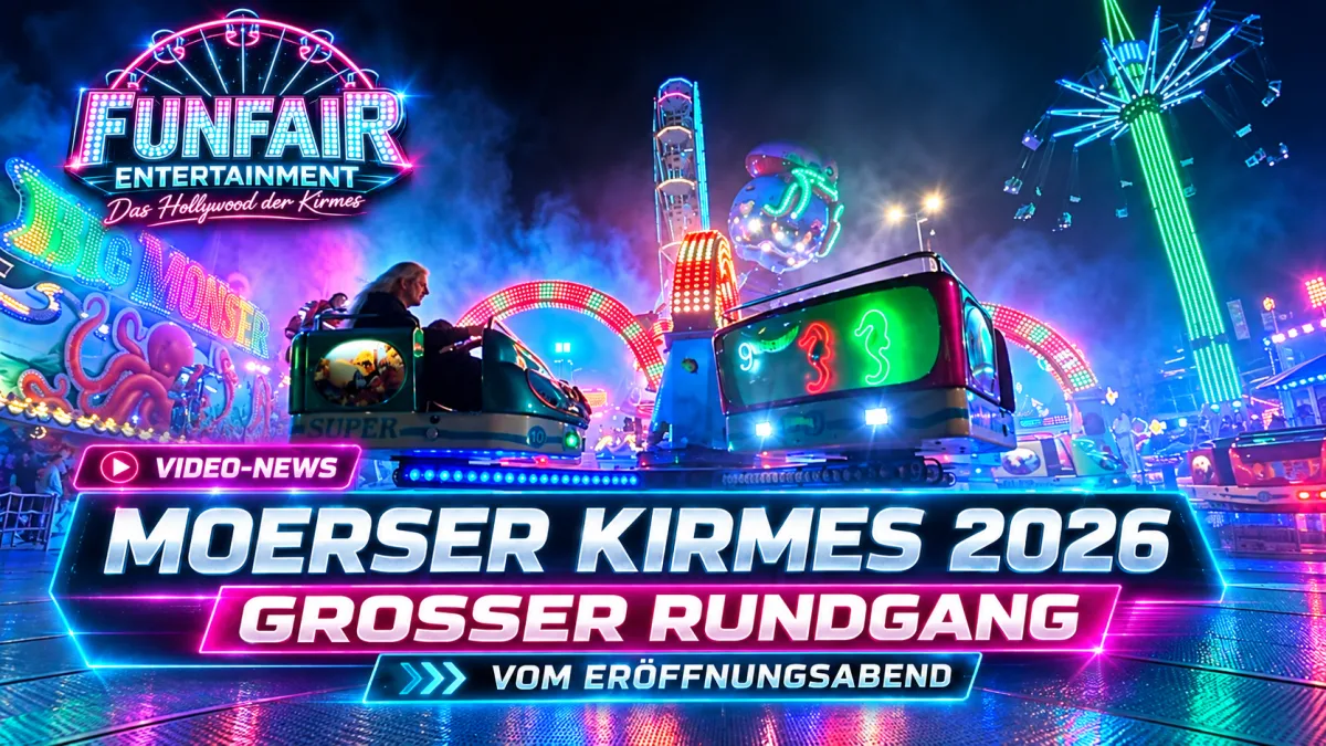 Abendliche Moerser Kirmes 2026 mit beleuchteten Fahrgeschäften in der Innenstadt von Moers