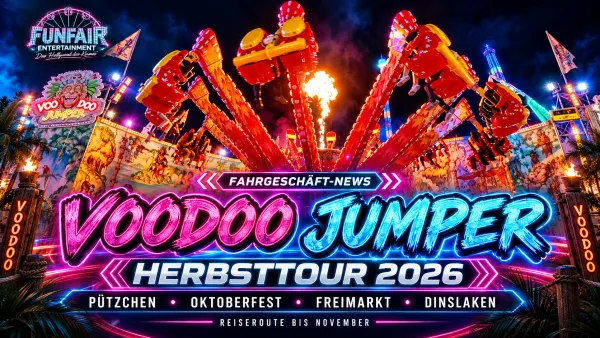 Voodoo Jumper von Hans Otto Schäfer jun. auf einem beleuchteten Kirmesplatz – Herbsttour 2026 mit Pützchens Markt, Oktoberfest München, Bremer Freimarkt und Martinikirmes Dinslaken