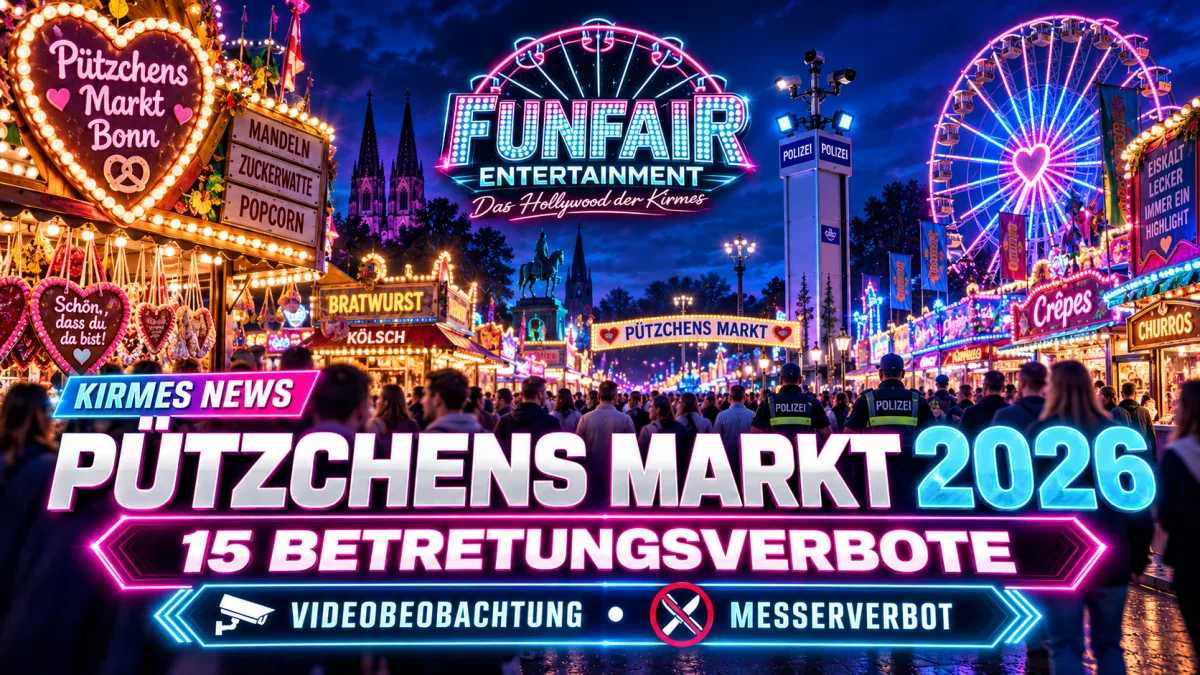 Pützchens Markt 2026 in Bonn mit beleuchteten Fahrgeschäften und Polizeipräsenz – Sicherheitskonzept mit Videobeobachtung und Messerverbot