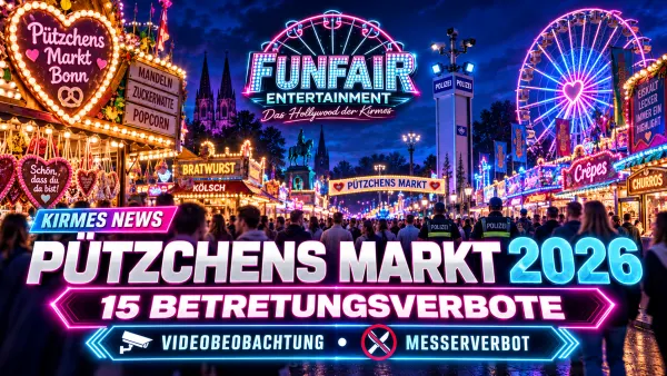 Pützchens Markt 2026 in Bonn mit beleuchteten Fahrgeschäften und Polizeipräsenz – Sicherheitskonzept mit Videobeobachtung und Messerverbot