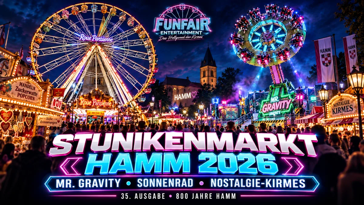 Stunikenmarkt Hamm 2026 mit Mr. Gravity, Sonnenrad, Hulk vs Thanos und historischem Kirmesbereich rund um die Pauluskirche