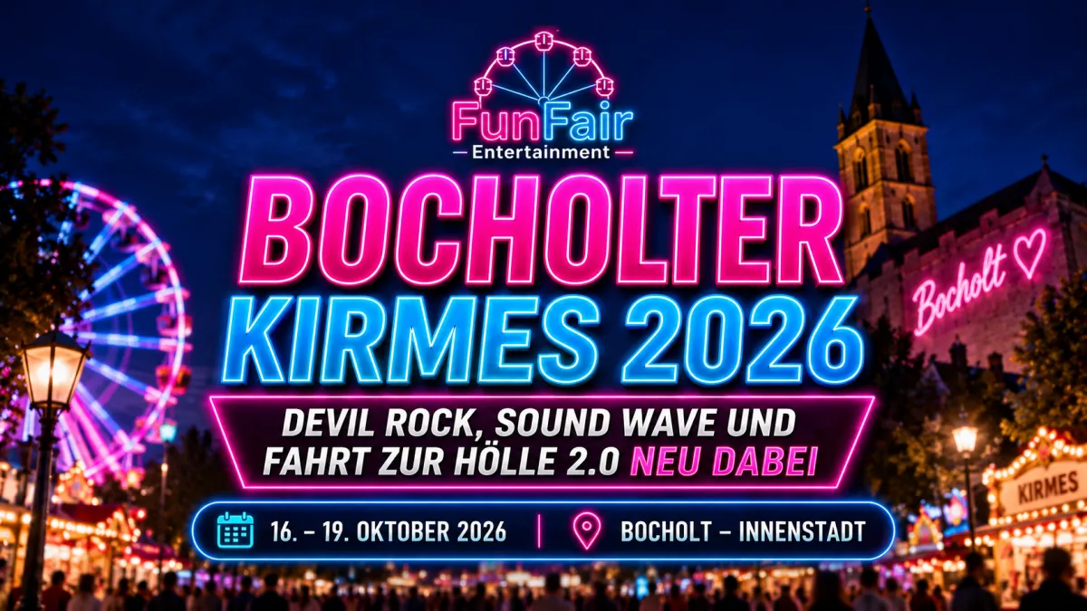 Beleuchtete Fahrgeschäfte auf der Bocholter Kirmes in der Innenstadt mit dichtem Kirmesbetrieb am Abend