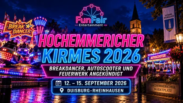 Hochemmericher Kirmes in Duisburg-Rheinhausen bei Nacht mit beleuchtetem Fahrgeschäft und Kirmesständen auf dem Hochemmericher Marktplatz