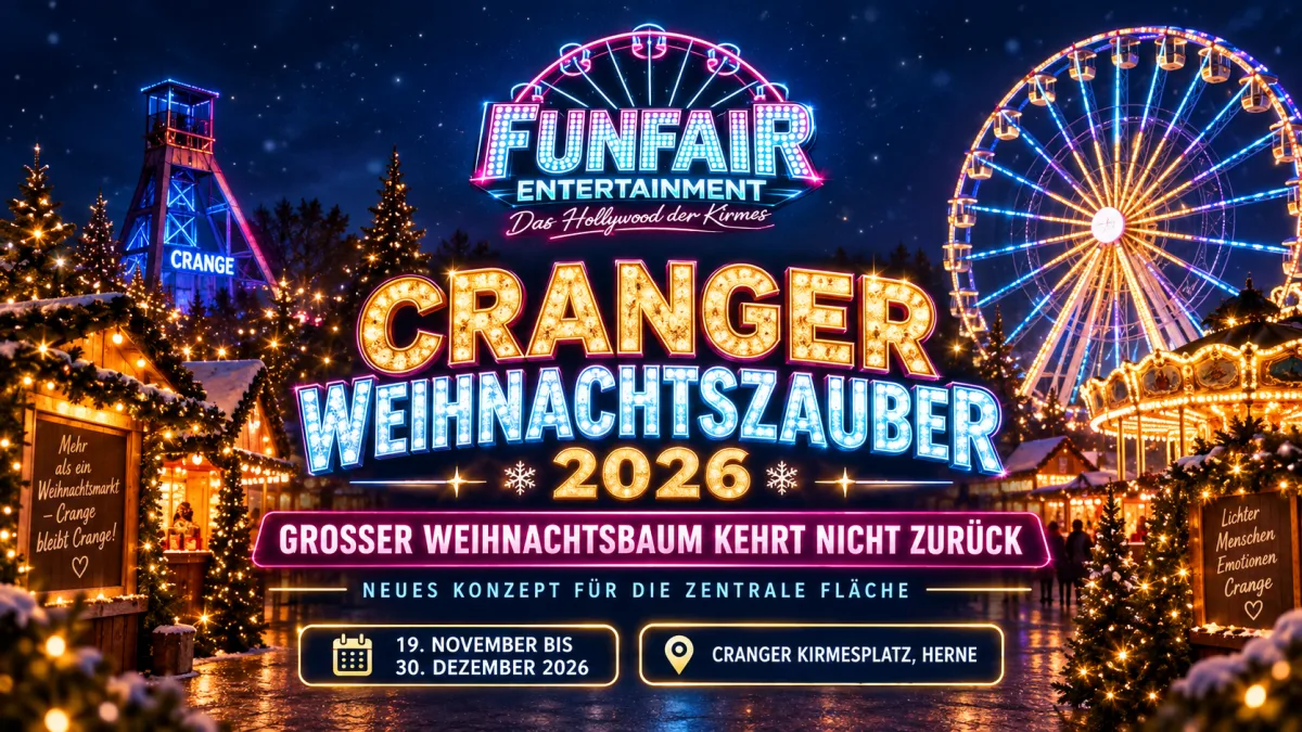 Cranger Weihnachtszauber auf dem Cranger Kirmesplatz bei Nacht mit beleuchtetem Riesenrad, Weihnachtsmarktständen und festlicher Beleuchtung