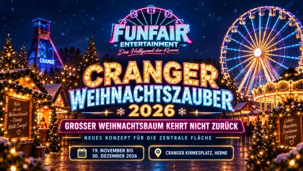 Cranger Weihnachtszauber auf dem Cranger Kirmesplatz bei Nacht mit beleuchtetem Riesenrad, Weihnachtsmarktständen und festlicher Beleuchtung