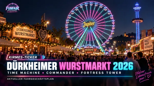 Dürkheimer Wurstmarkt bei Nacht mit beleuchtetem Riesenrad Jupiter, Fahrgeschäften und dichtem Volksfestbetrieb auf dem Wurstmarktplatz