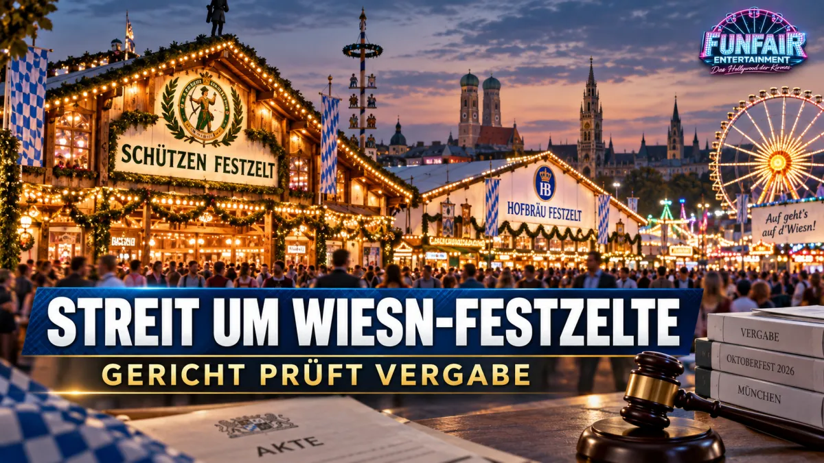 Große Festzelte auf dem Münchner Oktoberfest mit beleuchteter Theresienwiese am Abend als Motiv zum Rechtsstreit um die Vergabe von Wiesn-Festzeltplätzen