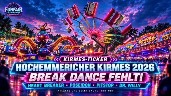 Hochemmericher Kirmes 2026 in Duisburg-Rheinhausen mit Heart Breaker XXL, Disco Dance, Poseidon, Pitstop Autoscooter und Dr. Willy auf dem Hochemmericher Marktplatz