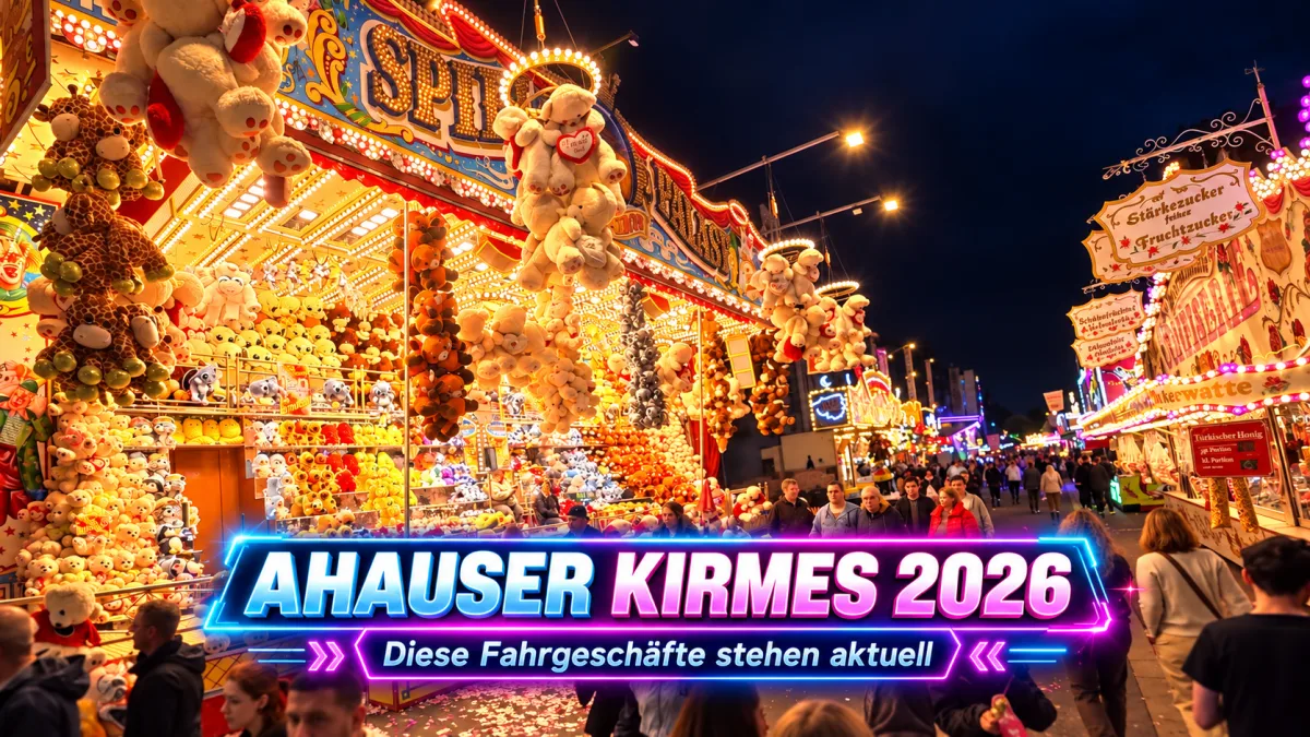 Ahauser Kirmes 2026 mit beleuchteten Fahrgeschäften und Besuchern im Innenstadtbereich