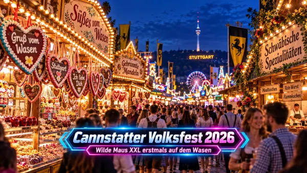 Beleuchtete Fahrgeschäfte und Besucher auf dem Cannstatter Volksfest in Stuttgart bei Abendstimmung