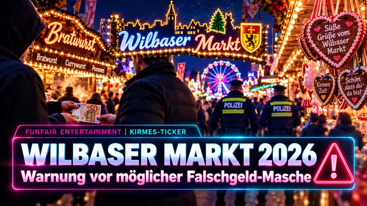 Besucher auf dem Wilbaser Markt 2026 zwischen beleuchteten Kirmesständen und Fahrgeschäften am Abend