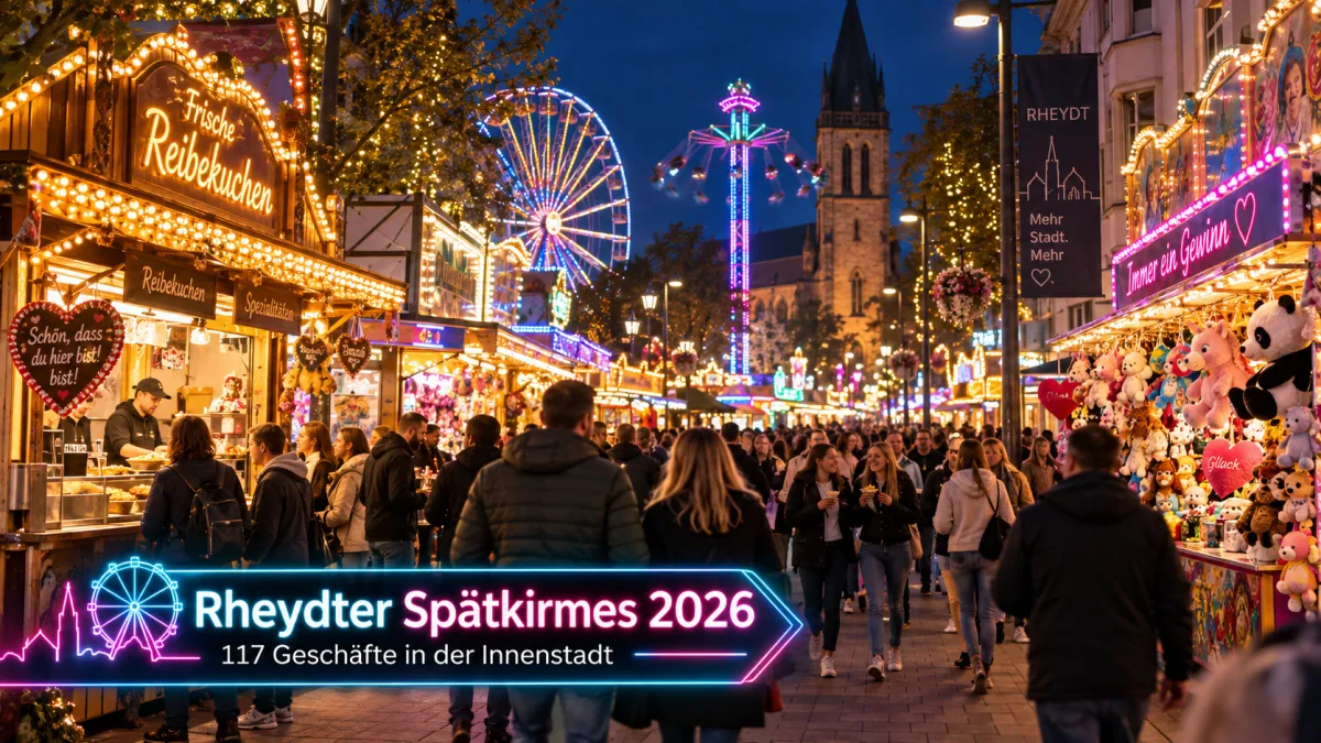 Rheydter Spätkirmes 2026 in der Innenstadt von Mönchengladbach-Rheydt mit beleuchteten Kirmesständen und Besuchern am Abend