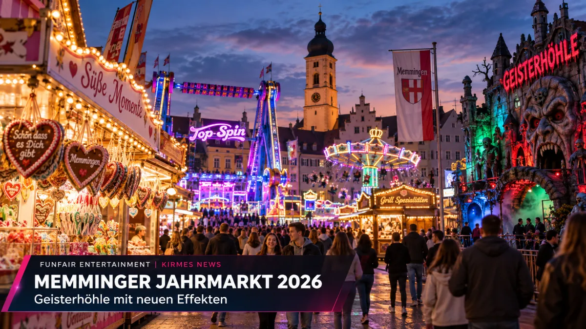 Memminger Jahrmarkt 2026 in der Innenstadt mit beleuchteten Jahrmarktständen und Besuchern am Abend
